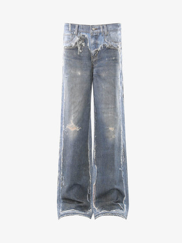 Vintage Distressed Print Wide Leg Jeans