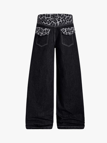 Vintage Leopard Print Waistband Patch Baggy Jeans 