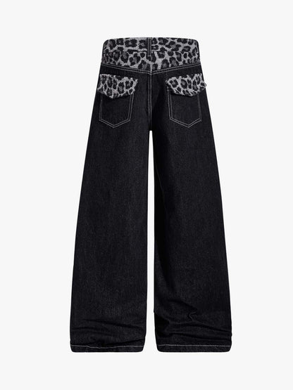 Vintage Leopard Print Waistband Patch Baggy Jeans 