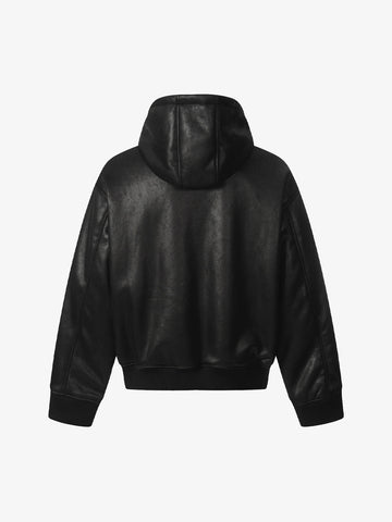 Vintage Leather Badge Fleece-lined Hooded Zip Bomber Jacket - 2547 