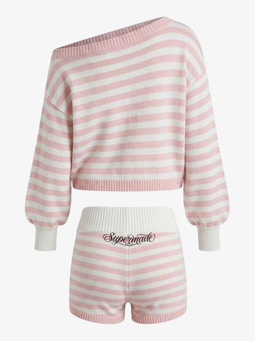 Scorpion Embroidered Off-Shoulder Striped Knit Set