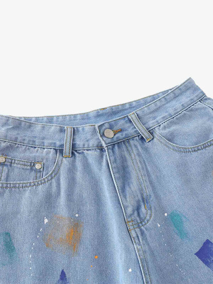 Paint Splatter Denim Wide-Leg Shorts – 100% Cotton Streetwear