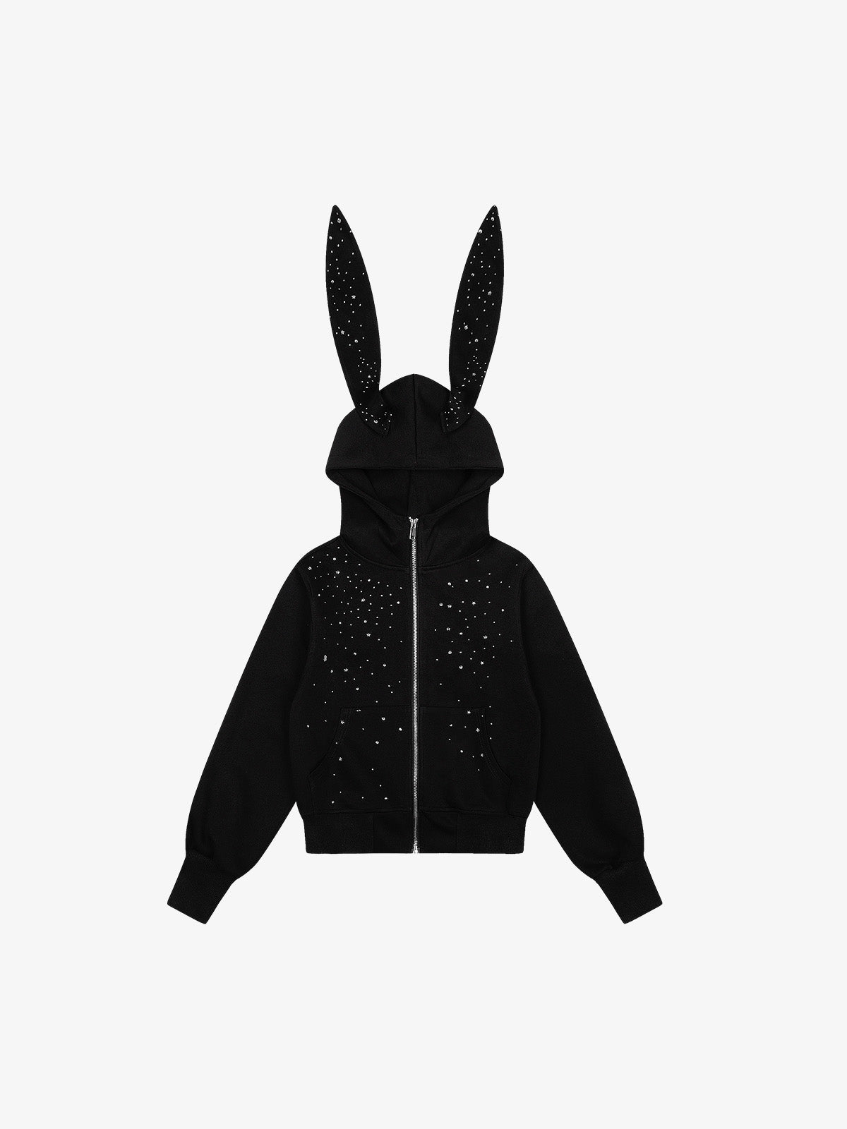 Rhinestone Bunny Ear Cropped Zip-Up Hoodie