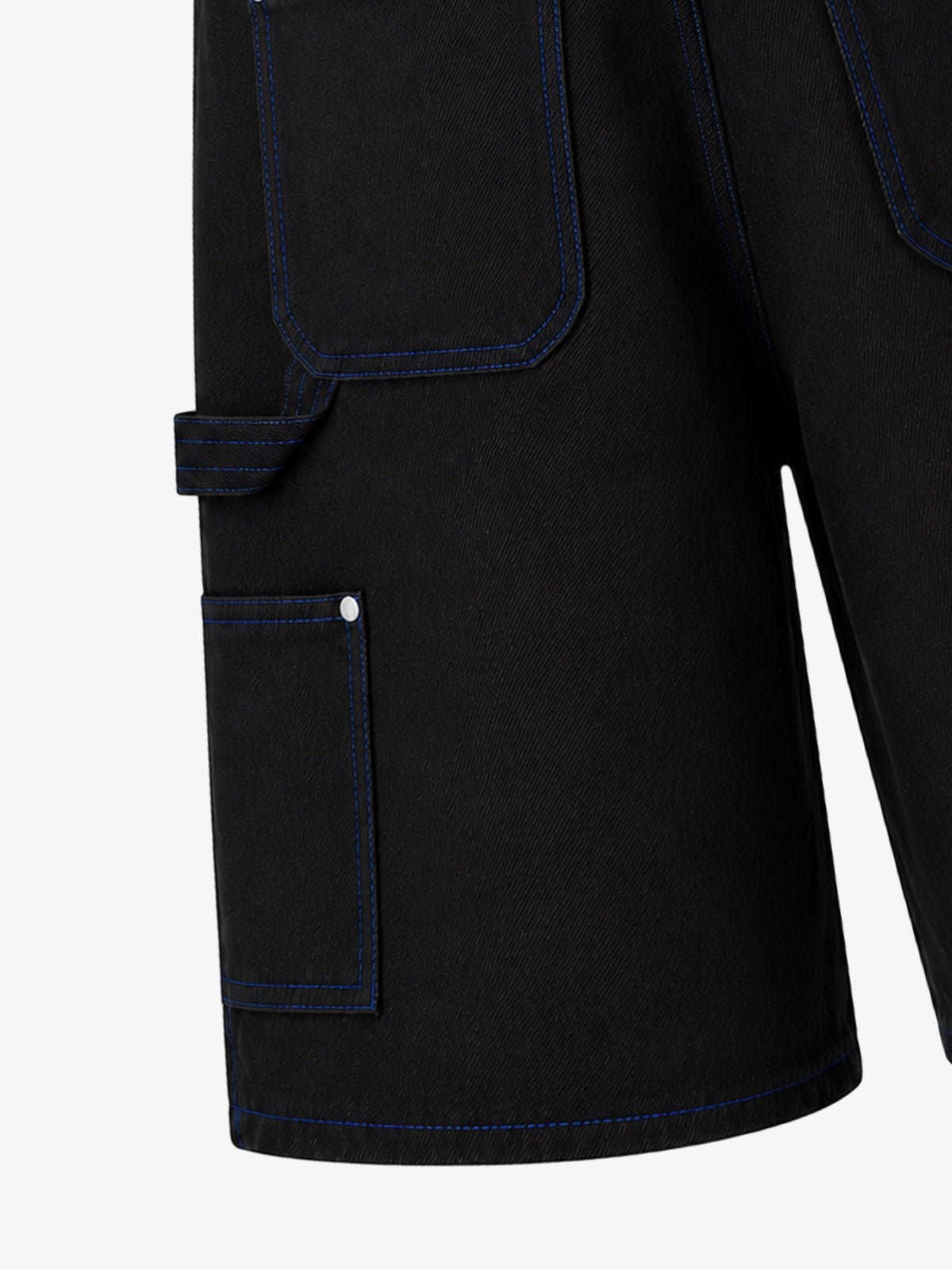 Black Utility Denim Shorts with Blue Embroidery