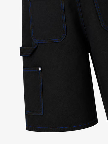 Black Utility Denim Shorts with Blue Embroidery