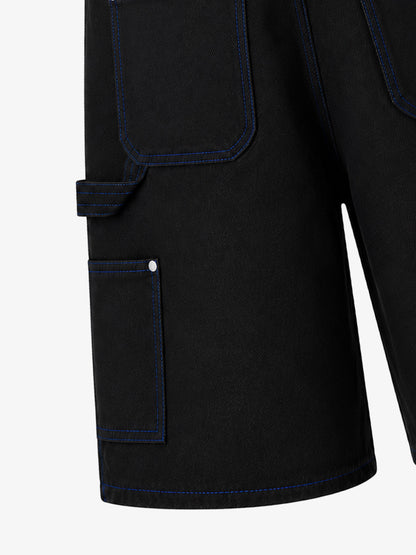 Black Utility Denim Shorts with Blue Embroidery