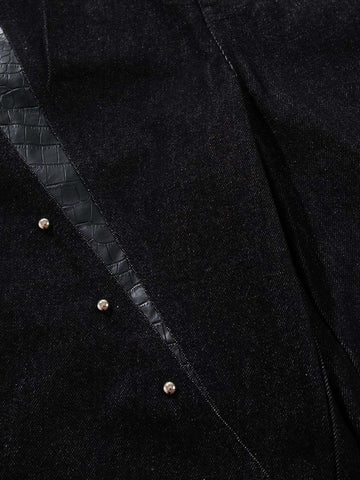 Black Denim Jacket with Croc-Embossed Trim – Metal Snap Button Streetwear Jacket