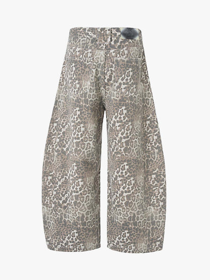 Street Leopard Camouflage Pleated Barrel Jeans 