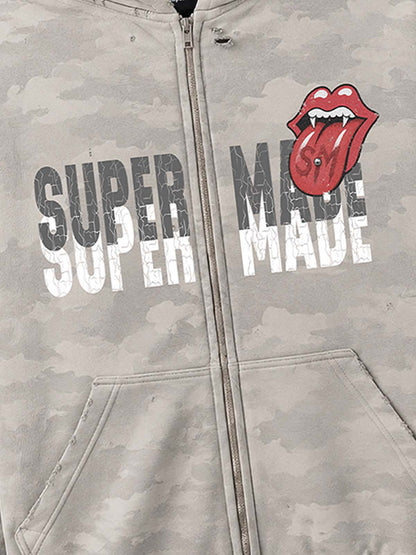 Distressed Camo Hoodie with Cracked Logo & Rolling Stones Graphic