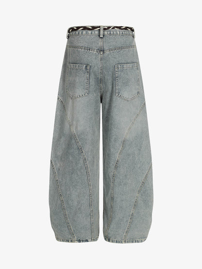 Denim Retro Belt Detail With Patchwork Barrel Jeans - 2490 