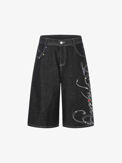 Embroidered Rhinestone Baggy Jorts