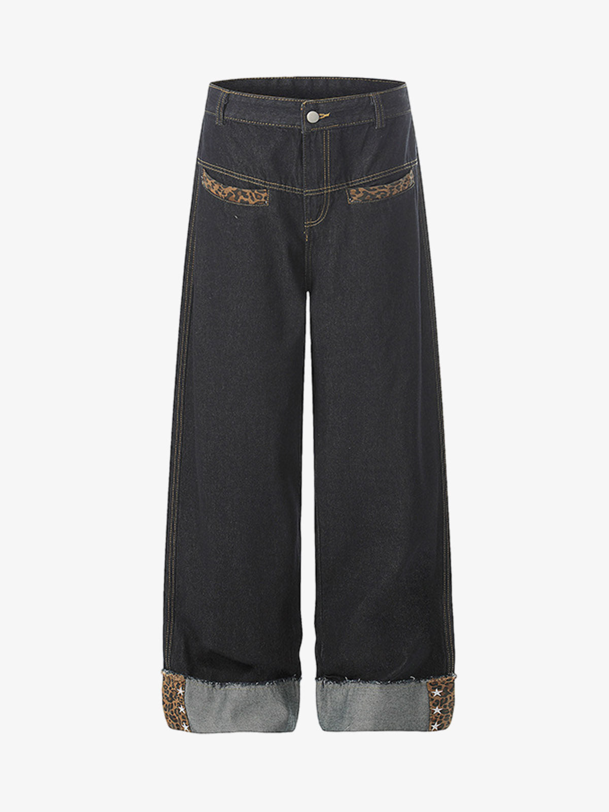 Leopard Print Trim Washed Jeans 