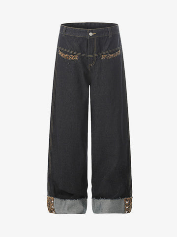 Leopard Print Trim Washed Jeans 