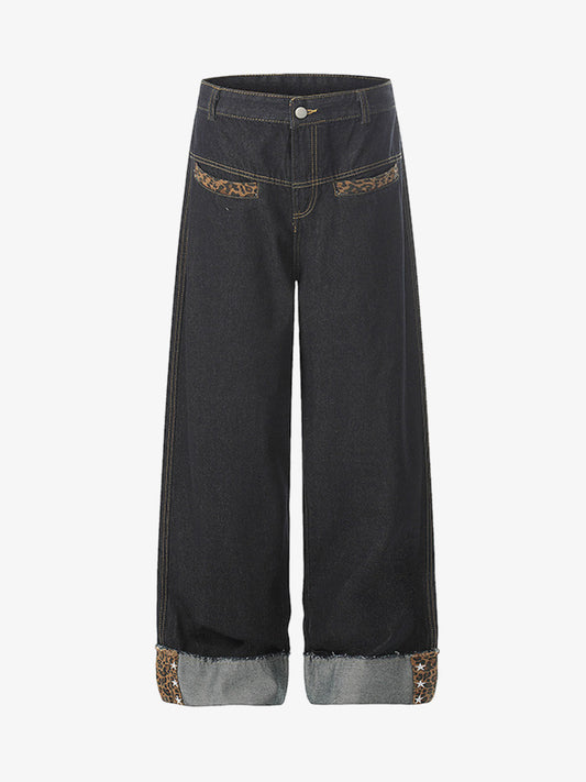 Leopard Print Trim Washed Jeans 