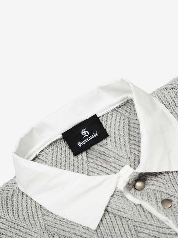 Retro Contrast Collar Embroidery Knit Sweater 