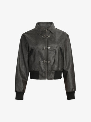 Metal Button Cropped Leather Bomber Jacket