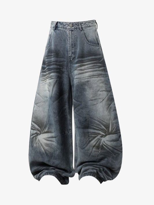 Wrinkle Effect Print Wide Leg Denim Jeans 