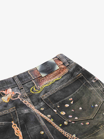 3D Chain Key Print Jeans