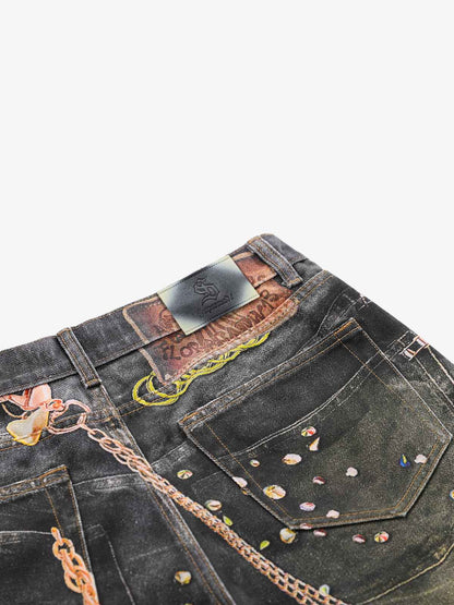 3D Chain Key Print Jeans