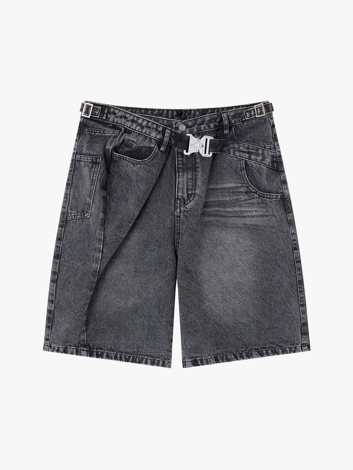 Tactical Buckle Washed Denim Shorts