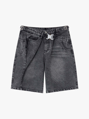 Tactical Buckle Washed Denim Shorts