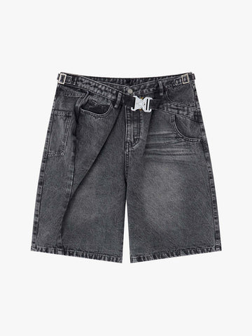 Tactical Buckle Washed Denim Shorts