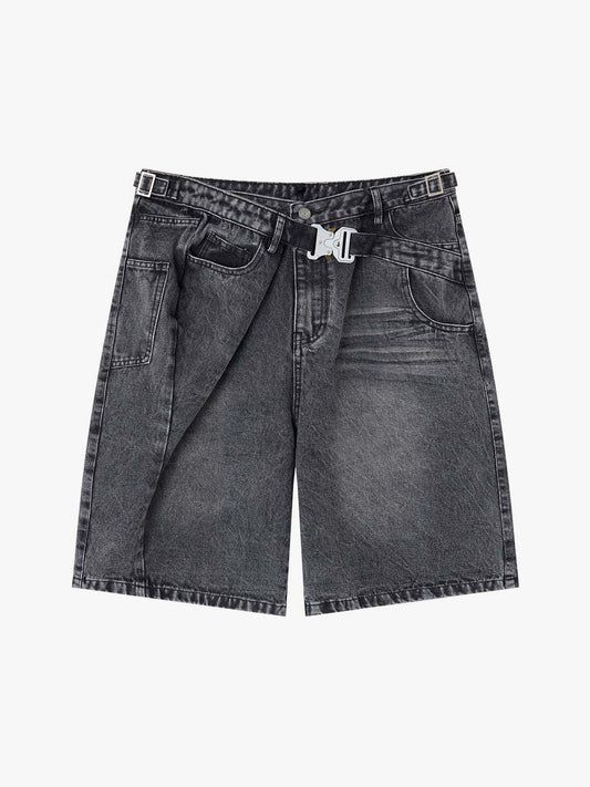 Tactical Buckle Washed Denim Shorts