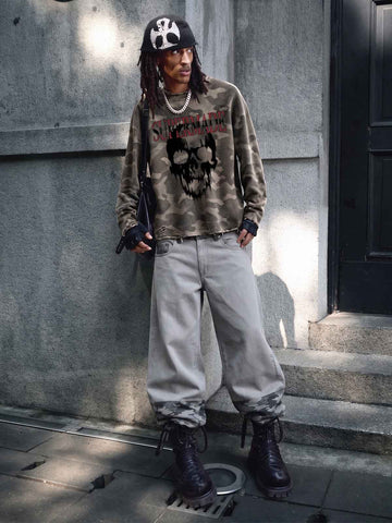 Distressed Waffle Knit Camo Long Sleeve with Skull Print