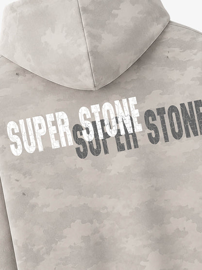 Distressed Camo Hoodie with Cracked Logo & Rolling Stones Graphic