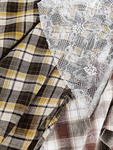 Thesupermade Faux Leather Irregular Lace Plaid Patchwork Skirt