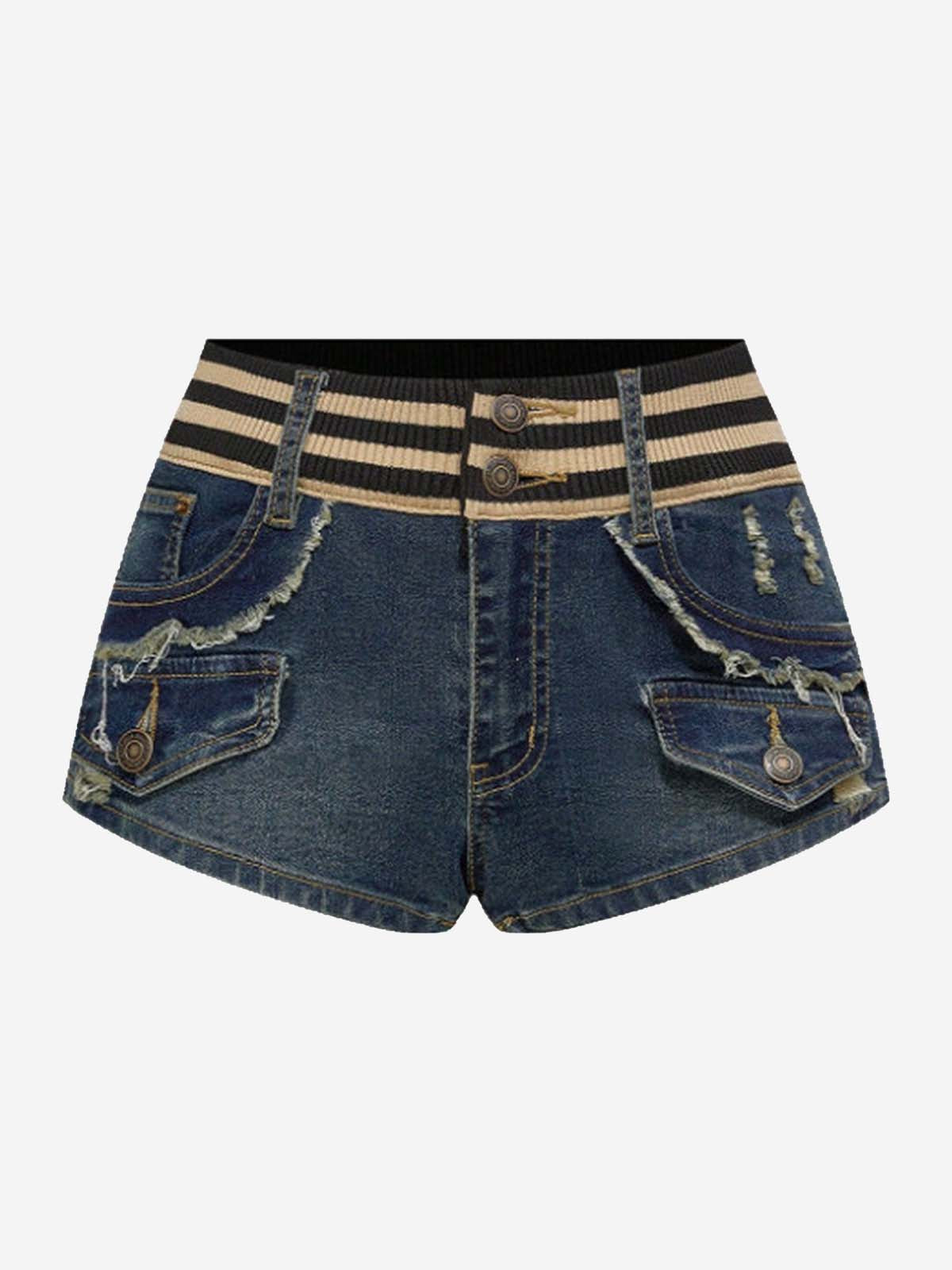 Knit Waistband Ripped Denim Shorts