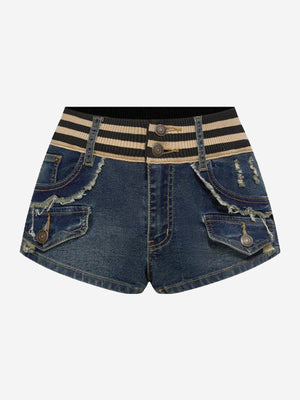 Knit Waistband Ripped Denim Shorts