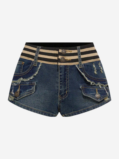 Knit Waistband Ripped Denim Shorts