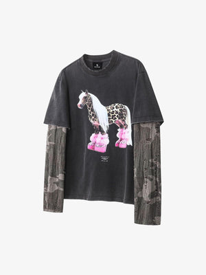 Layered Leopard Horse Graphic Long Sleeve T-Shirt 