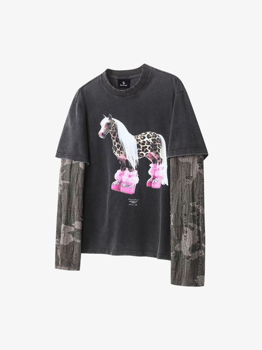 Layered Leopard Horse Graphic Long Sleeve T-Shirt 