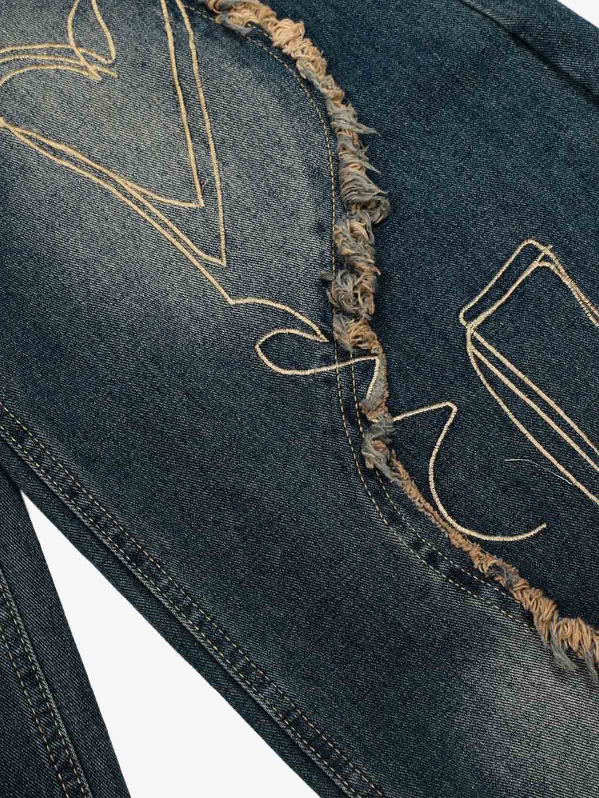 Vintage Embroidered Washed Raw-Edge Graffiti Scimitar Jeans 