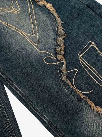 Vintage Embroidered Washed Raw-Edge Graffiti Scimitar Jeans 