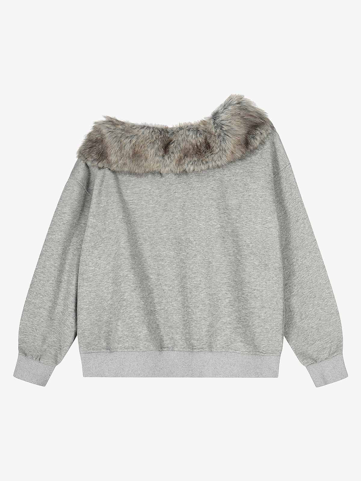 Off-Shoulder Fur Collar '98' Graphic Sweatshirt