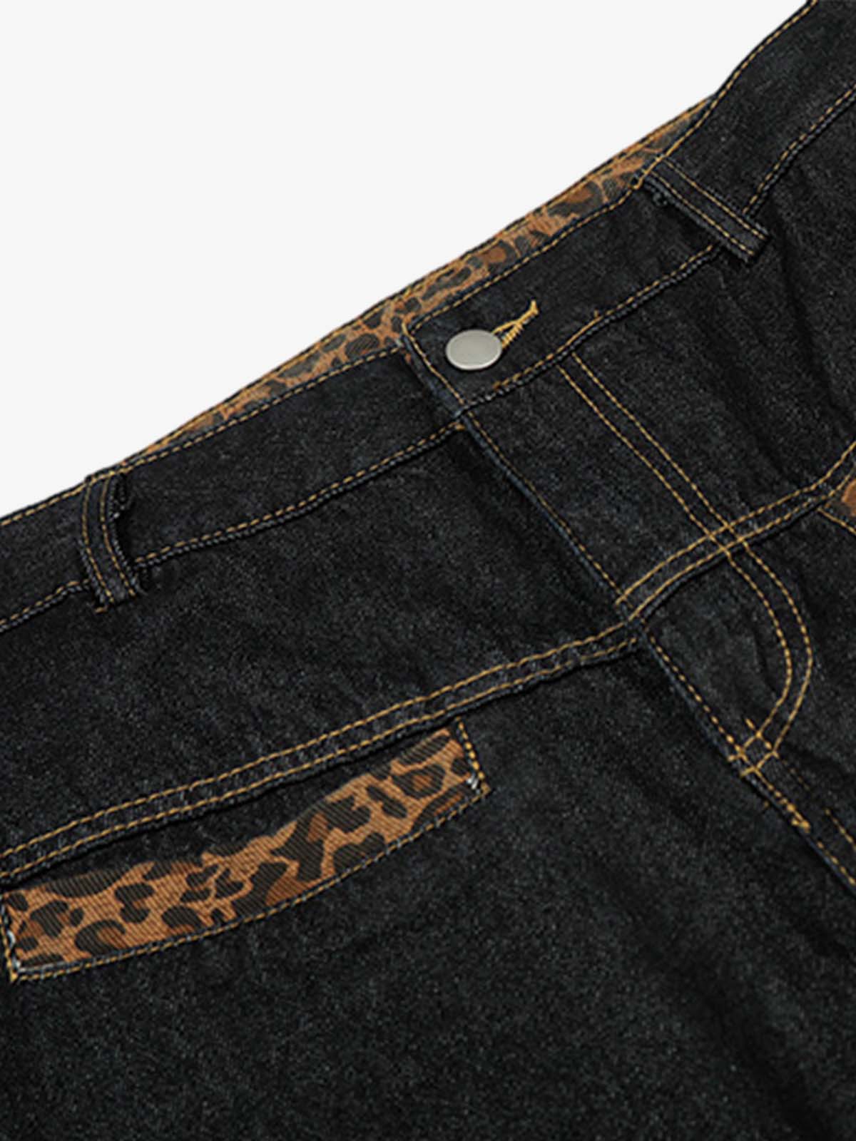 Leopard Print Trim Washed Jeans 