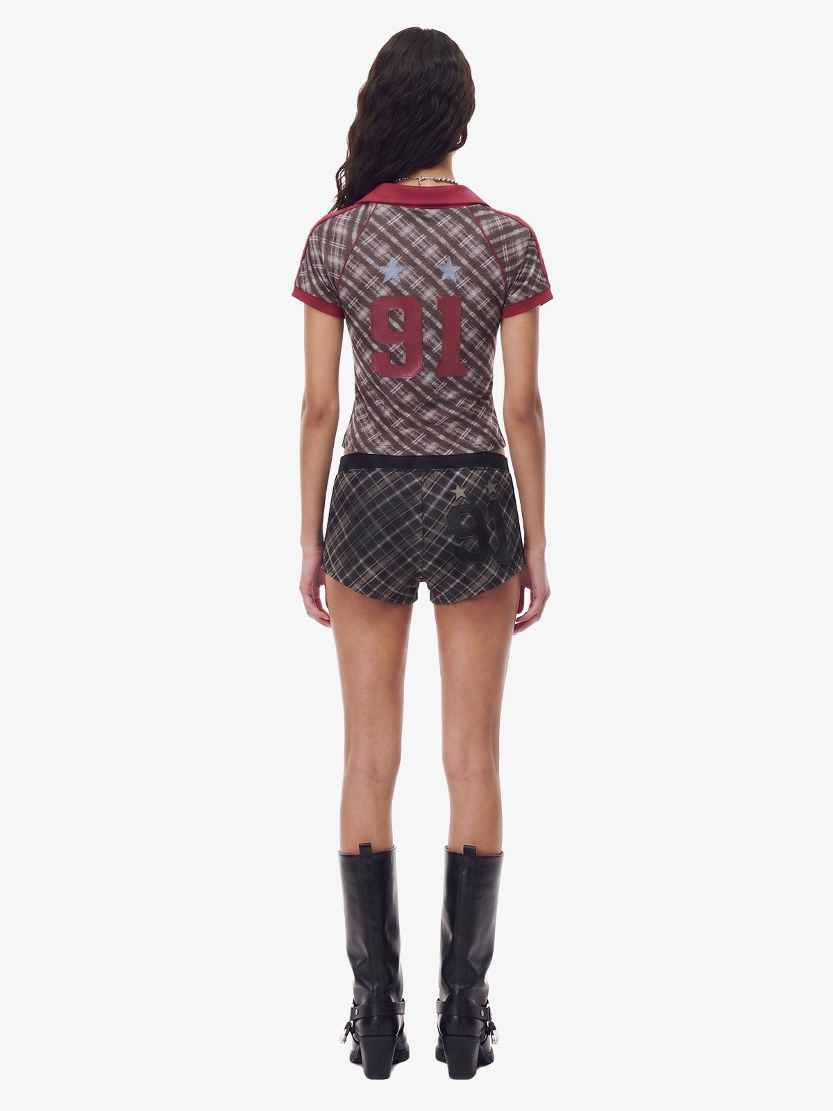 Y2K Plaid Lapel Slim-Fit T-Shirt