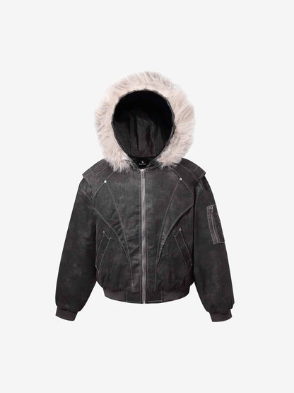 Washed Patchwork Contrast Bomber Jacket 
