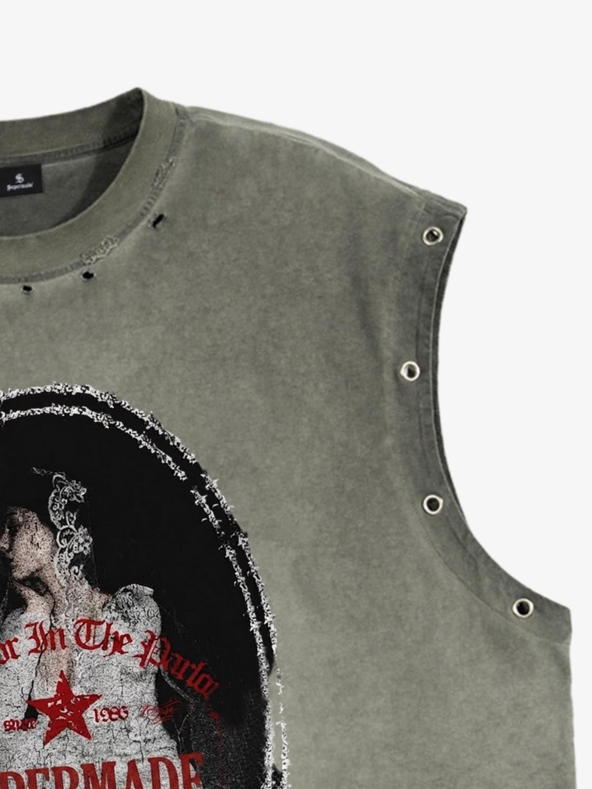 Man in the Mirror Graphic Studded Distressed Vest