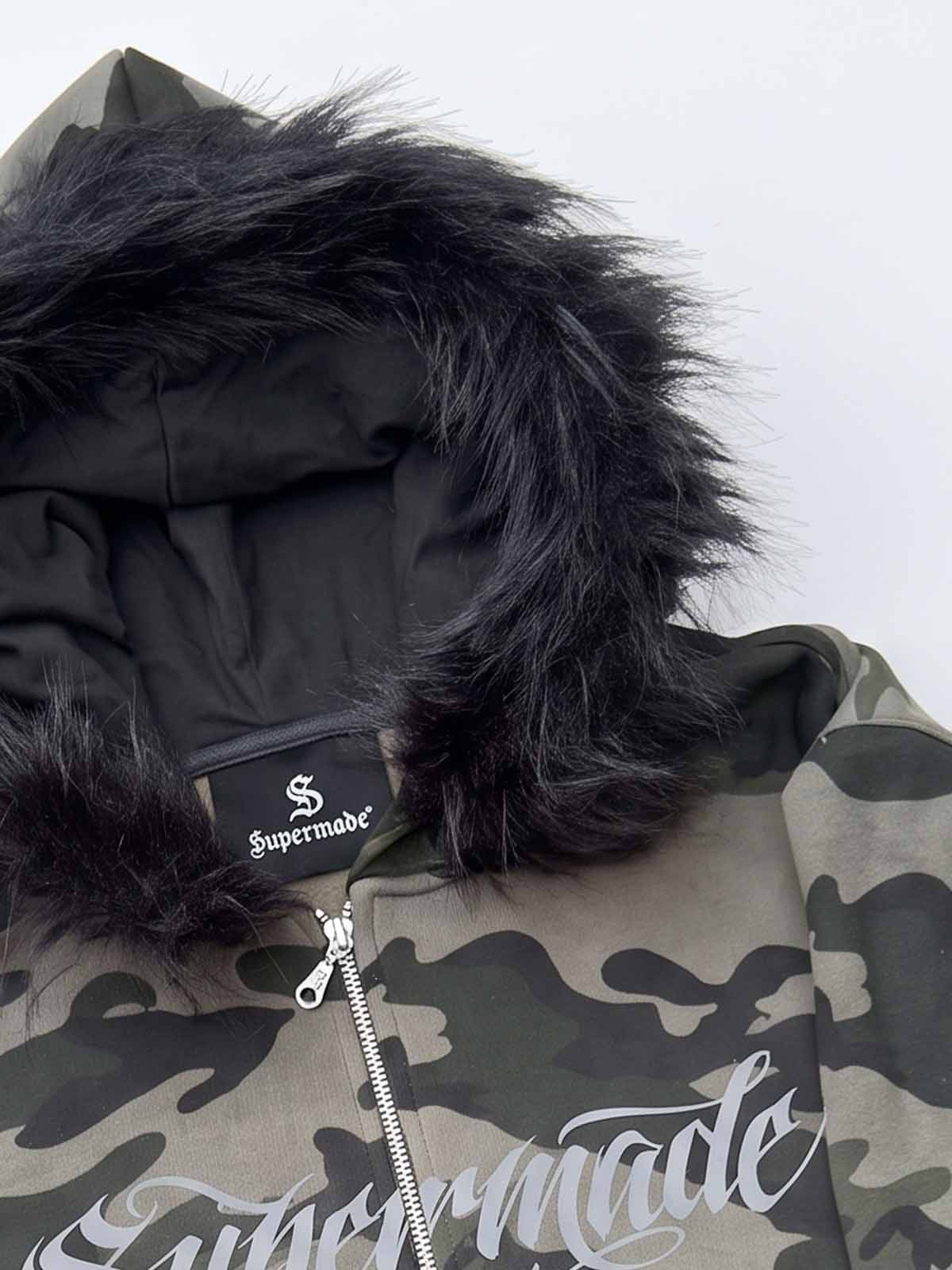Fur Hood Cardigan Camouflage Set
