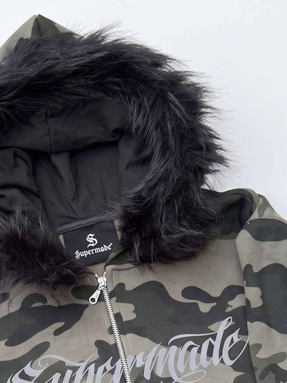 Fur Hood Cardigan Camouflage Set