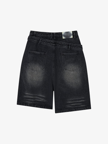 Double Waistband Ripped Denim Shorts