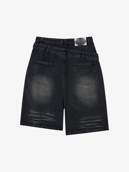 Double Waistband Ripped Denim Shorts