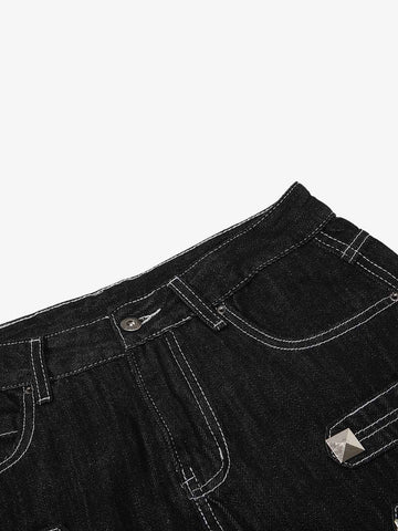 Square Studded Panelled Baggy Jeans