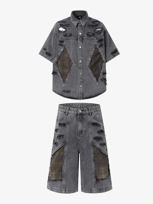 Retro Washed Plaid-Paneled Distressed Denim Set 