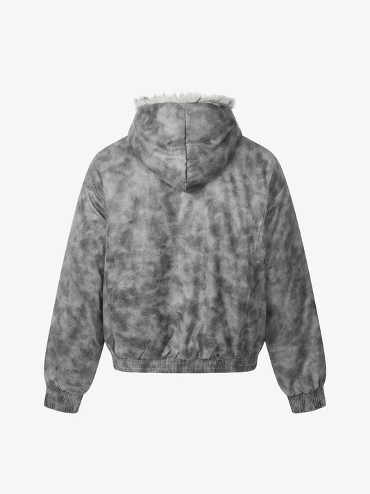 Faux Suede Vintage Wash Fur Hood Padded Jacket - 2553 