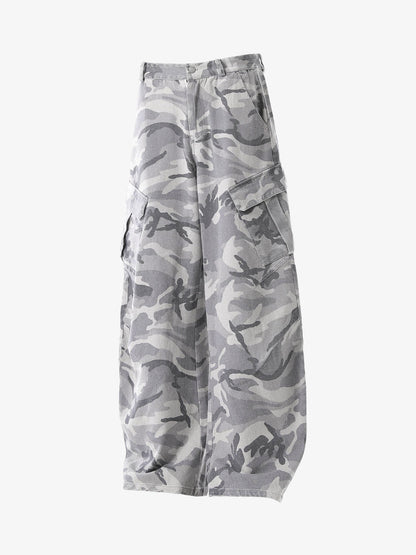 Snow Camouflage Machete Wide-Leg Cargo Barrel Pants - 2548 